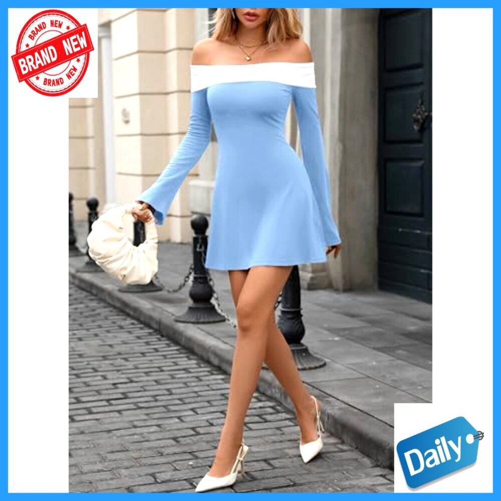 Off-Shoulder Long Bell Sleeve Bodycon Cocktail Dress Evening Wear - Picture 4 of 7